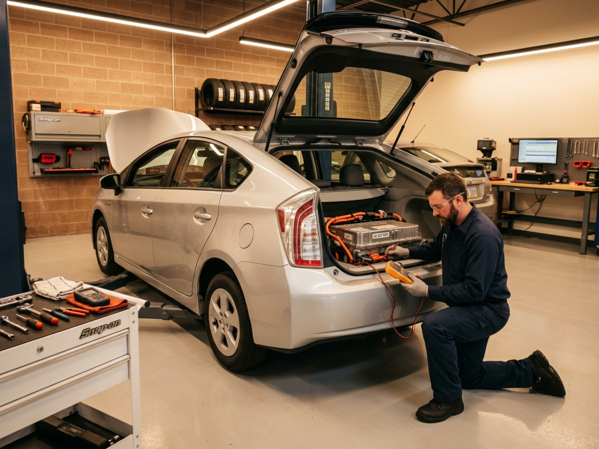 Mechanic inspecting hybrid battery cooling system in auto repair shop