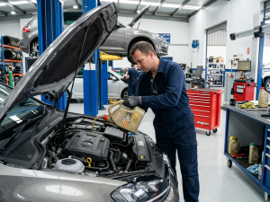 mechanic performing oil change at certified auto repair shop