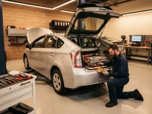 Mechanic inspecting hybrid battery cooling system in auto repair shop